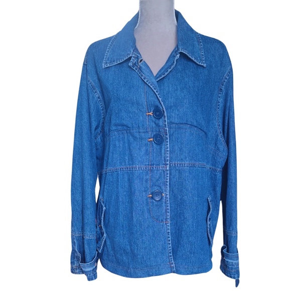 Bill Blass Womens 22W Denim Jacket Button Front Paisley Lining Casual Blue Coat - Picture 1 of 9